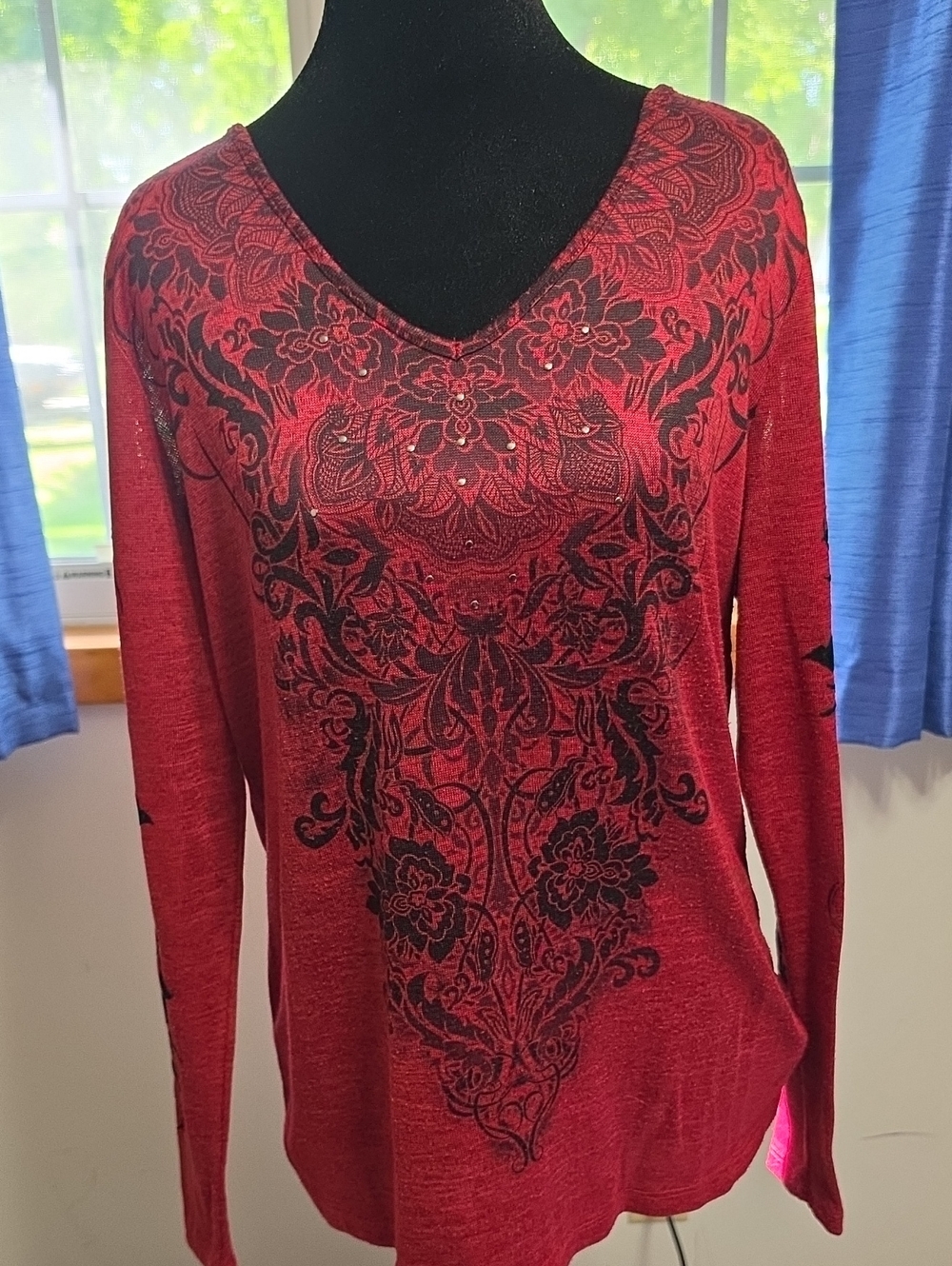 Women’s Red V-Neck Long Sleeve Top with Black Floral Scroll Print